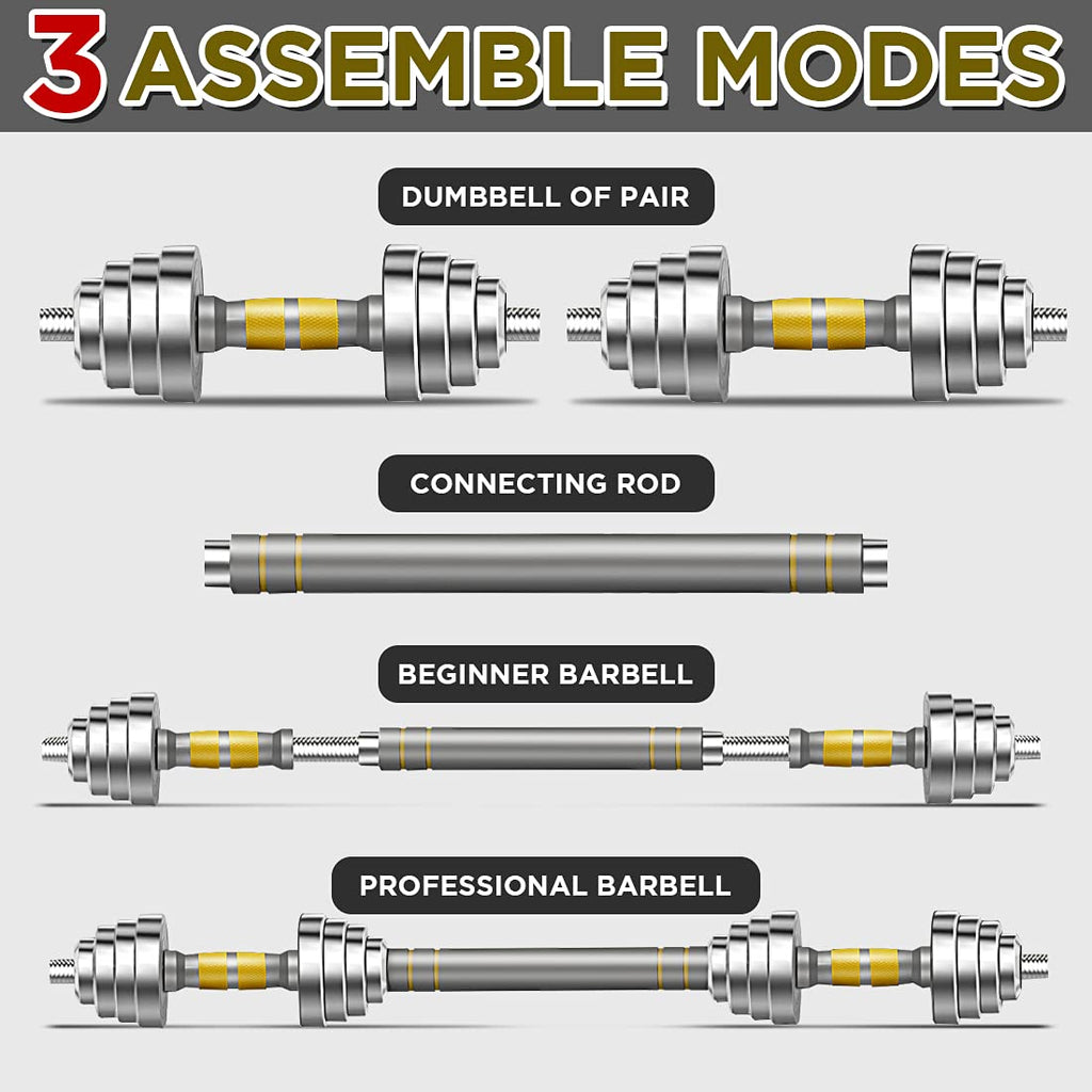 PHOEROS Adjustable Dumbbell Set 44/66/88 LBS - 3-in-1 Barbell & Dumbbells, Steel Weights for Home Gym