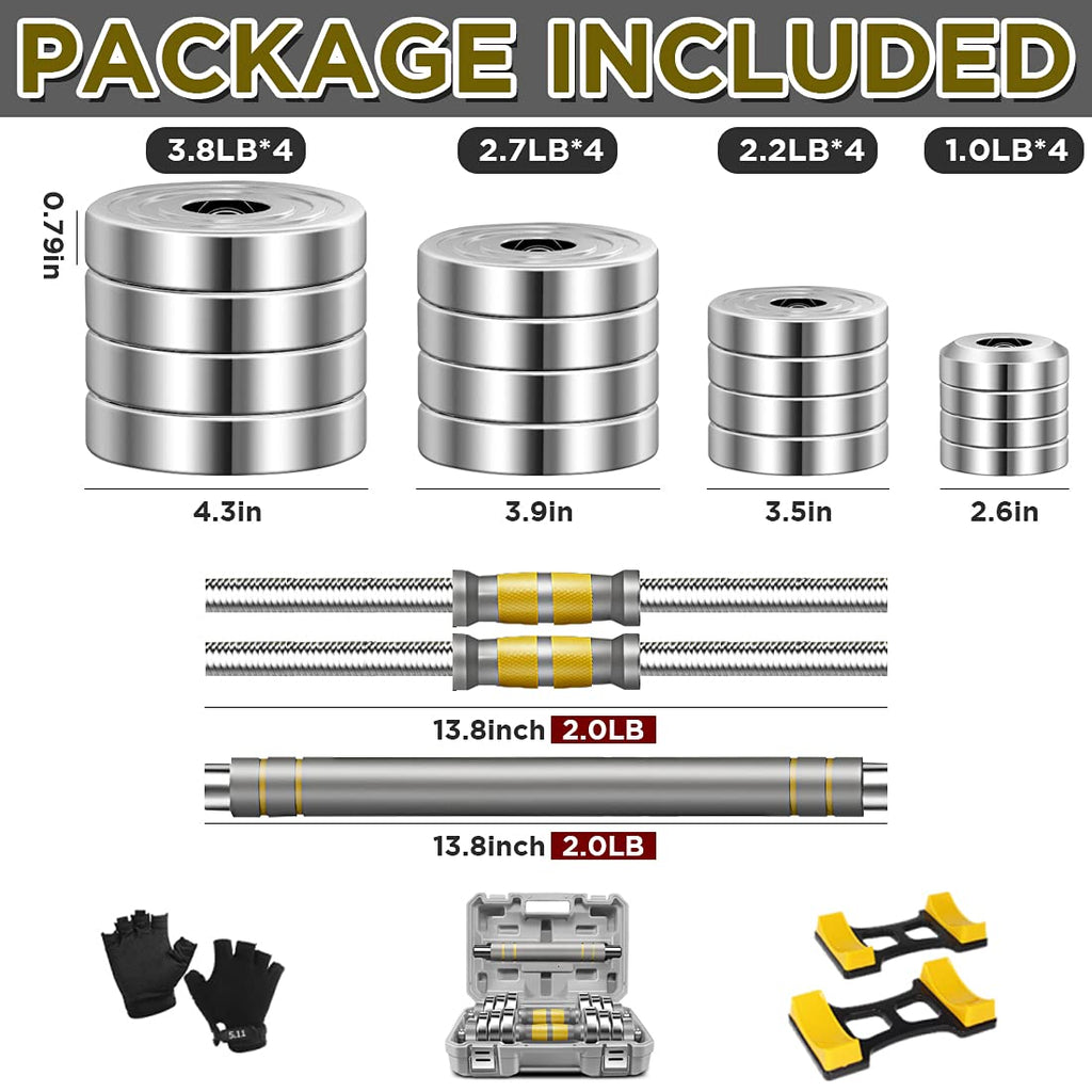 PHOEROS Adjustable Dumbbell Set 44/66/88 LBS - 3-in-1 Barbell & Dumbbells, Steel Weights for Home Gym