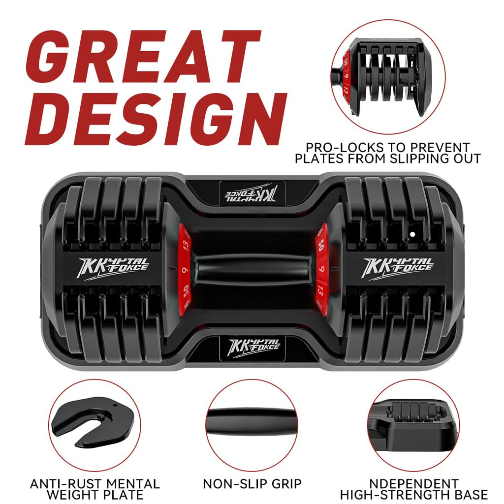 KRYPTAL FORCE Adjustable Dumbbell Set 100lbs - 10-in-1 Fast-Adjust Weight Set for Home Gym