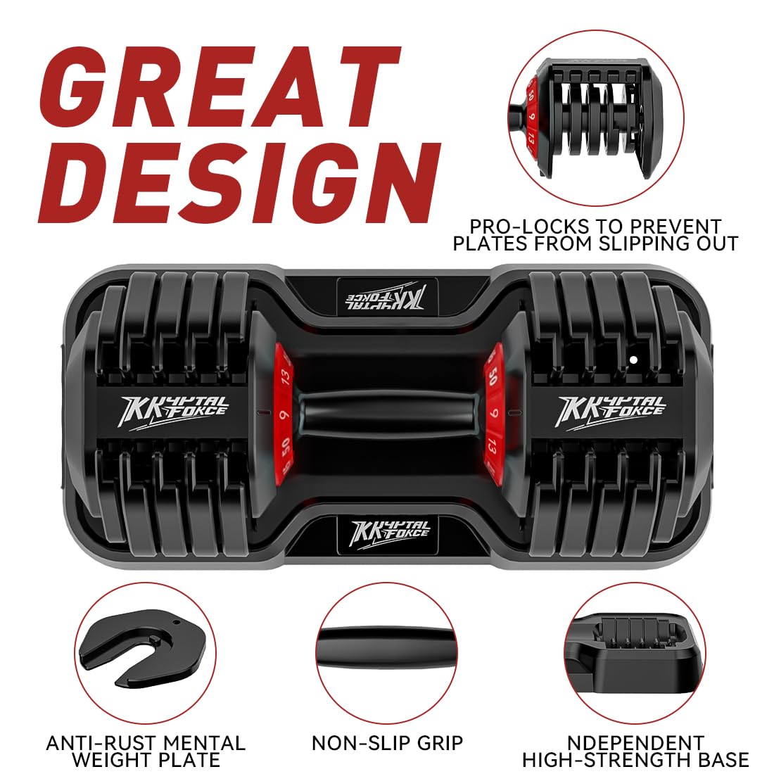 KRYPTAL FORCE Adjustable Dumbbell Set 100lbs - 10-in-1 Fast-Adjust Weight Set for Home Gym