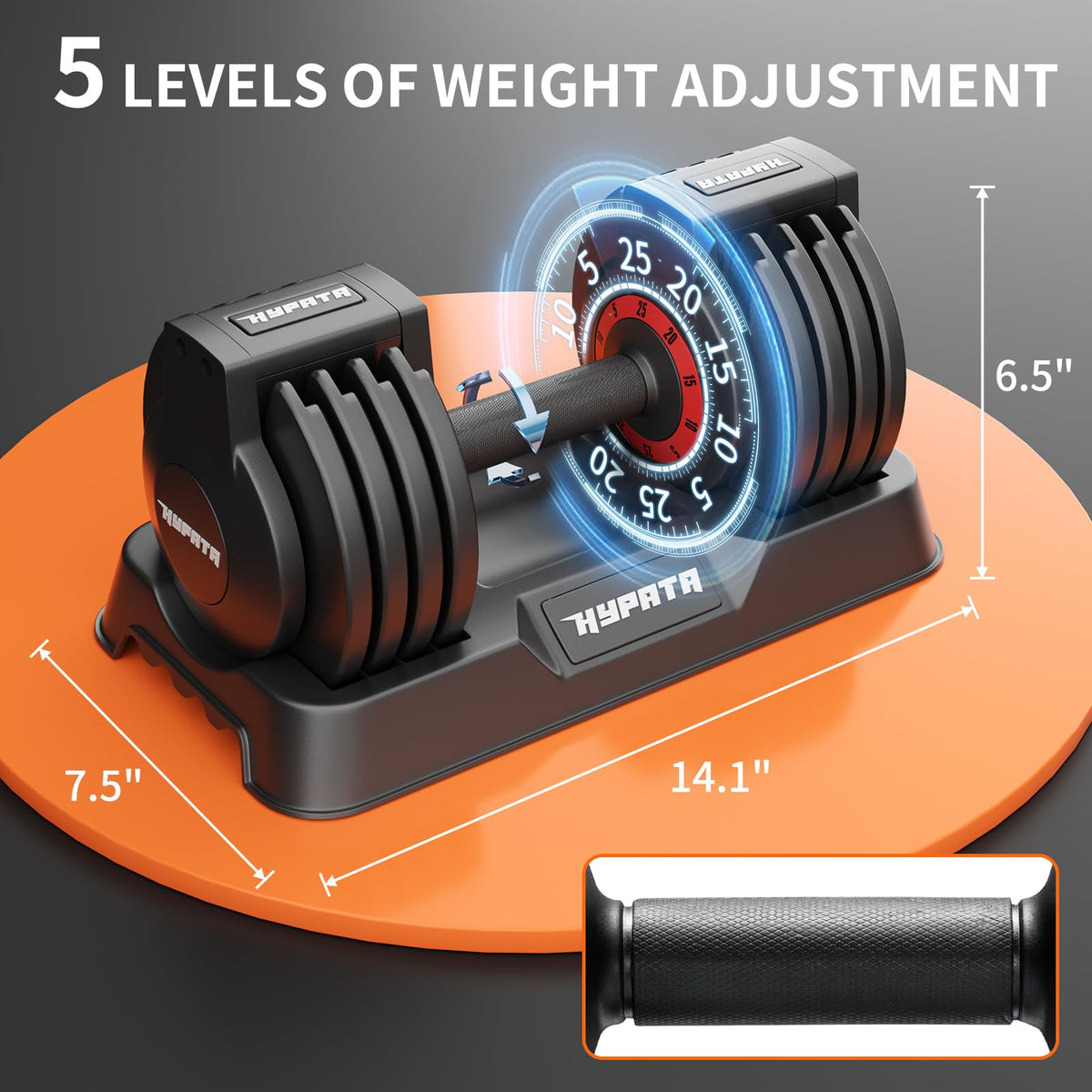 HYPATA 25 lbs Pair Adjustable Dumbbell Set with Tray - 5-in-1 Fast Weight Adjustment for Home Gym
