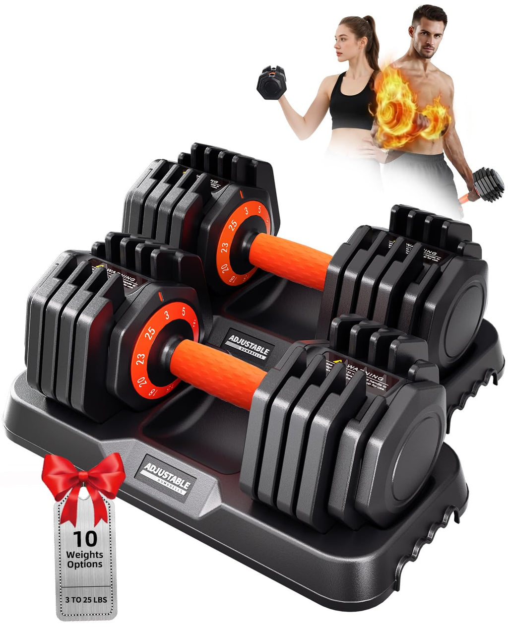WLR Adjustable Dumbbells 25lb Set - 10-in-1 Quick-Dial Weight Set with Micro Increments from 3lb, Anti-Slip Grip & Tray
