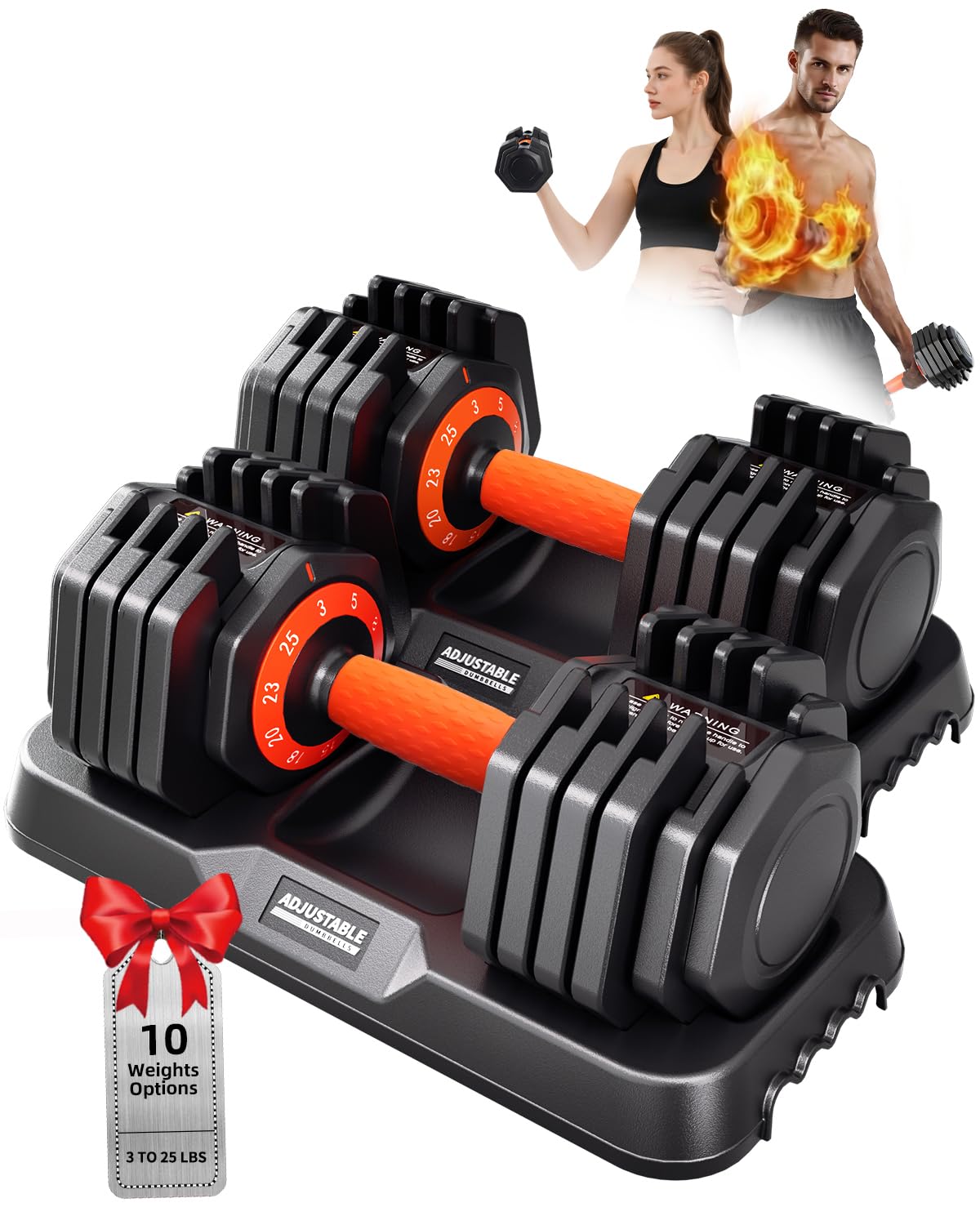 WLR Adjustable Dumbbells 25lb Set - 10-in-1 Quick-Dial Weight Set with Micro Increments from 3lb, Anti-Slip Grip & Tray