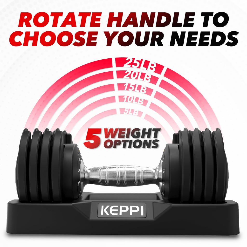 Keppi Adjustable Dumbbells Set of 2, 5-25 lbs Quick Adjust Weights for Home Gym Workout