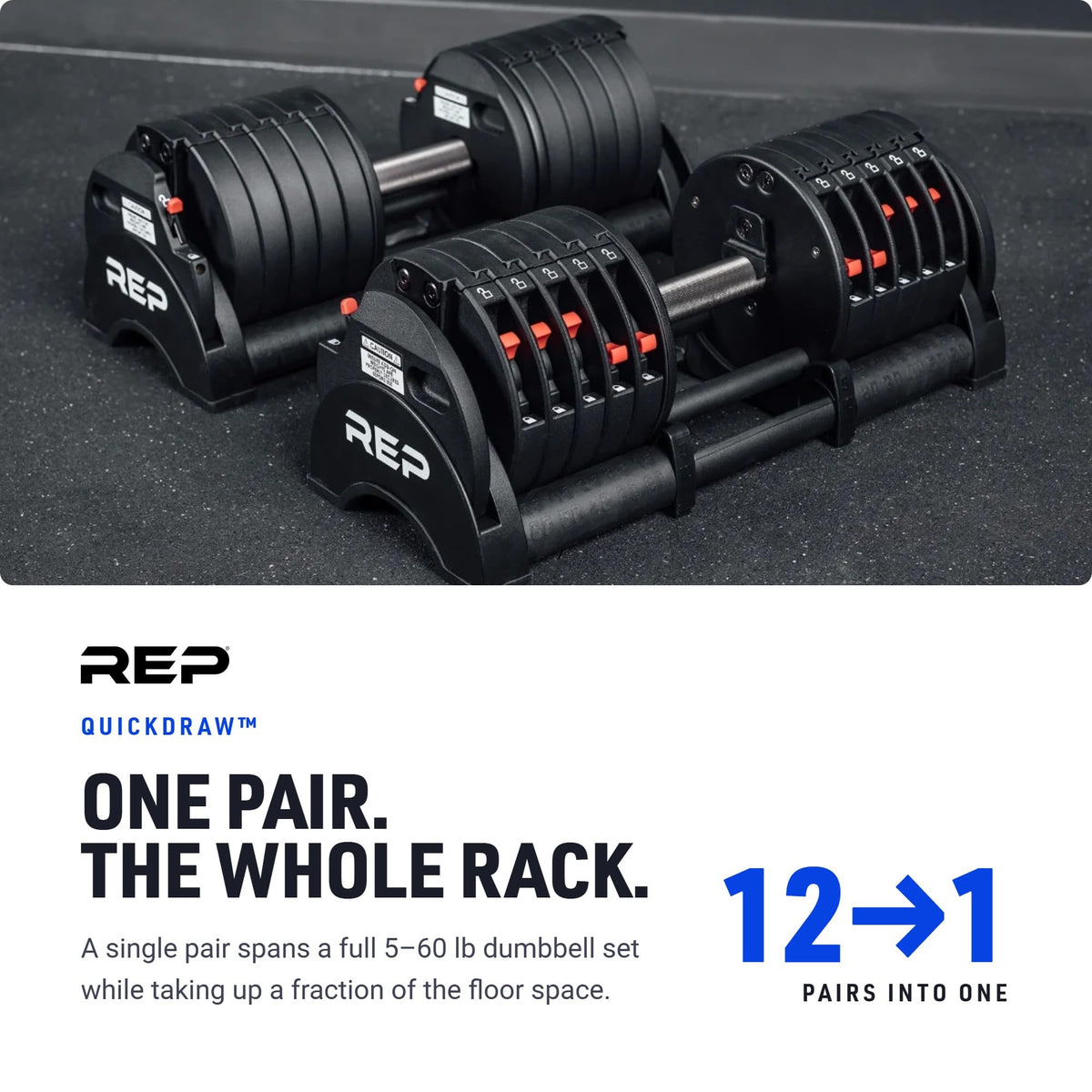 REP Fitness QuickDraw Adjustable Dumbbells - Steel Construction, 30-60 lb Range, Home Gym Set