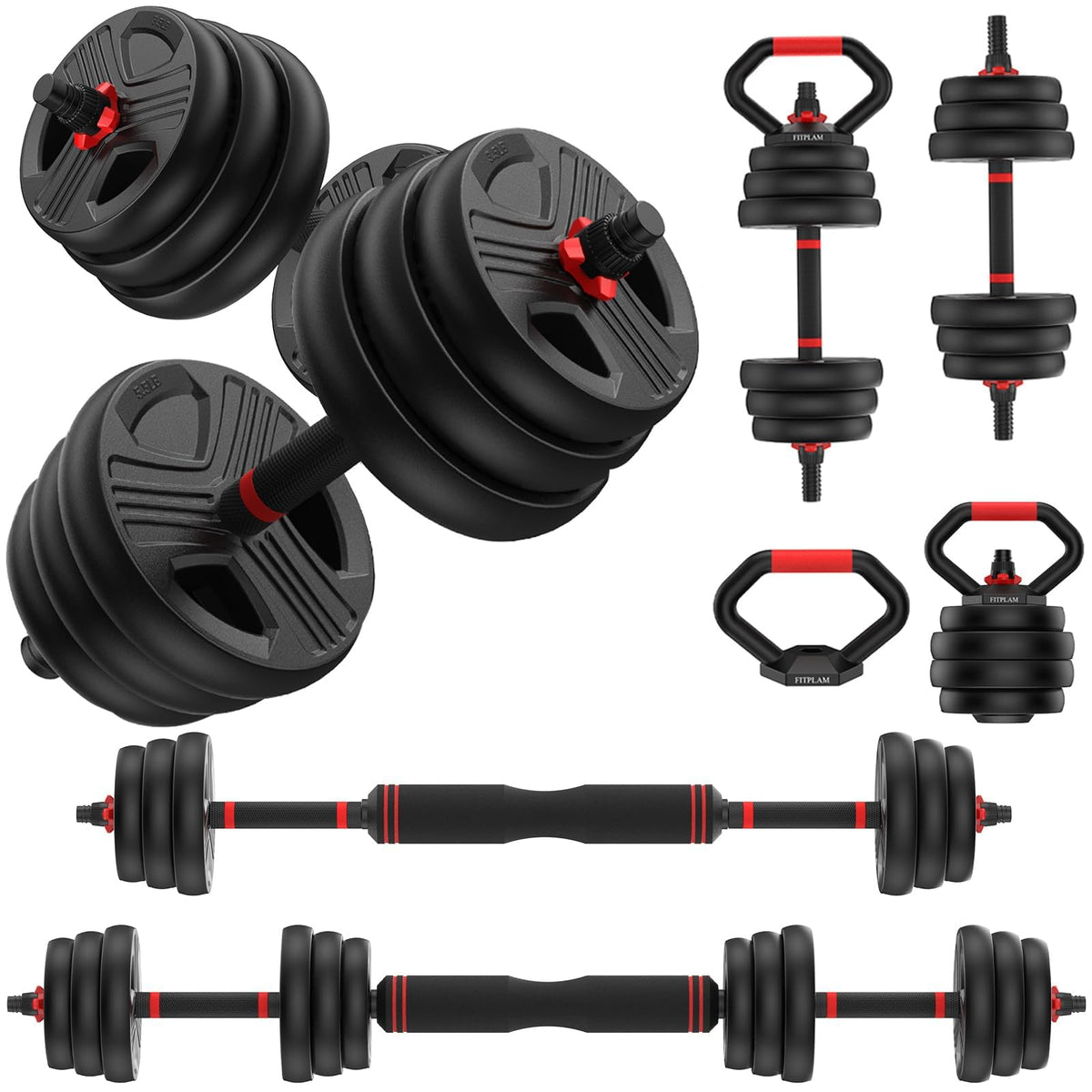 FITPLAM 70lbs Adjustable Dumbbell Set – 5-in-1 Home Gym with Dual-Lock Nuts, Barbell, Kettlebell, Push-Up Stand