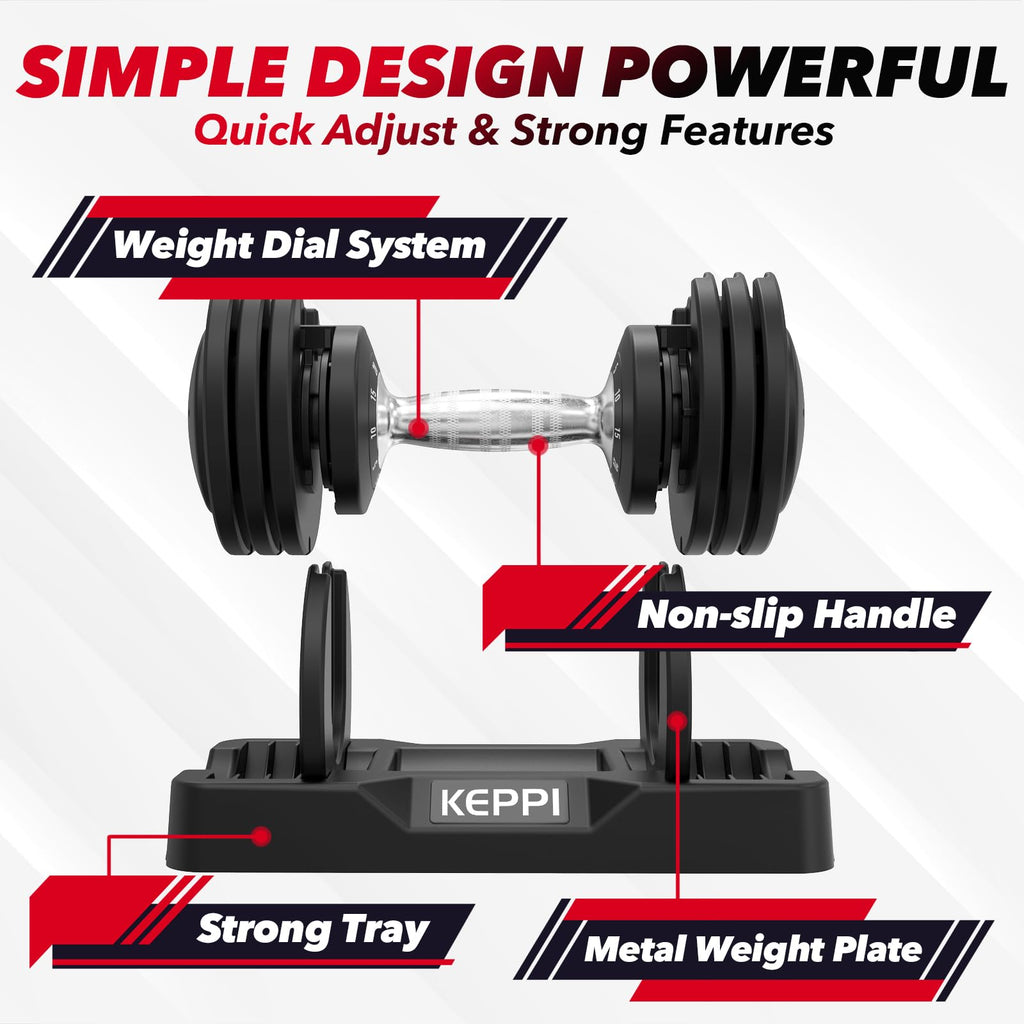 Keppi Adjustable Dumbbells Set of 2, 5-25 lbs Quick Adjust Weights for Home Gym Workout