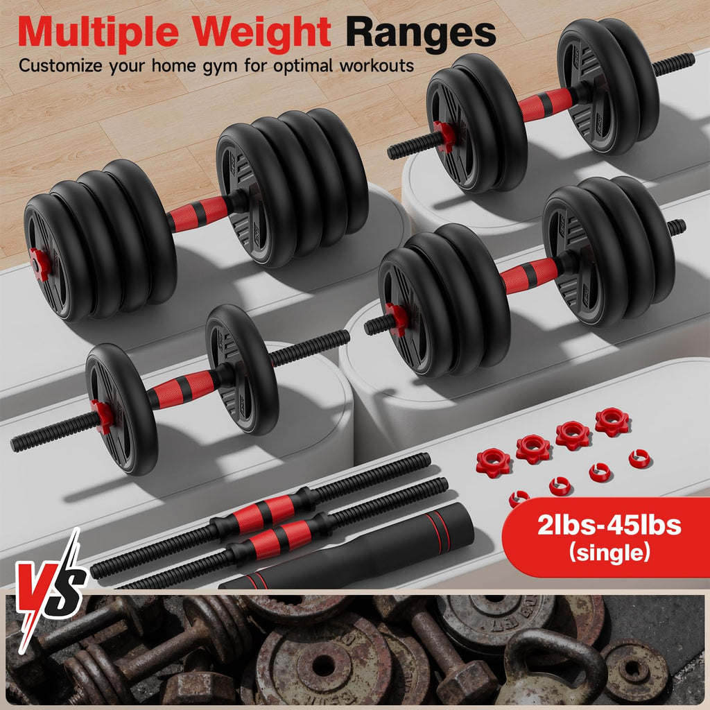 Cvonte Adjustable Dumbbell Set 45lbs - 5-in-1 Free Weight Set with Barbell, Kettlebells, Push-Up Stand & Double Lock