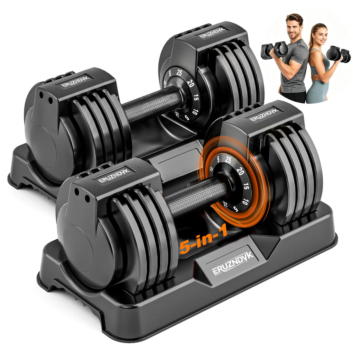 ERUZNDVK 25lb Adjustable Dumbbell Set - 5-in-1 Quick-Dial Free Weights with Non-Slip Handle & Storage Base, Pair