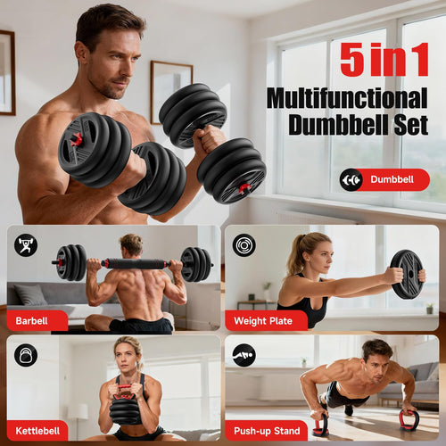 Cvonte Adjustable Dumbbell Set 45lbs - 5-in-1 Free Weight Set with Barbell, Kettlebells, Push-Up Stand & Double Lock
