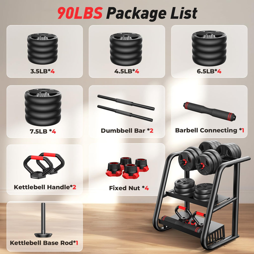 FITPLAM 90lbs Adjustable Dumbbell Set – 5-in-1 Home Workout System, Dual-Lock Design, Barbell & Kettlebell Modes