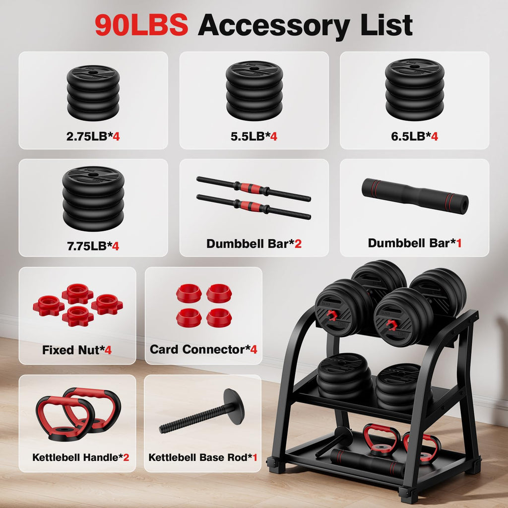 Cvonte Adjustable Dumbbell Set 45lbs - 5-in-1 Free Weight Set with Barbell, Kettlebells, Push-Up Stand & Double Lock