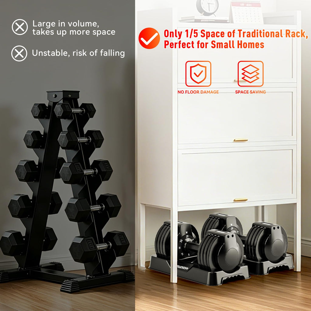 ERUZNDVK 25lb Adjustable Dumbbell Set - 5-in-1 Quick-Dial Free Weights with Non-Slip Handle & Storage Base, Pair