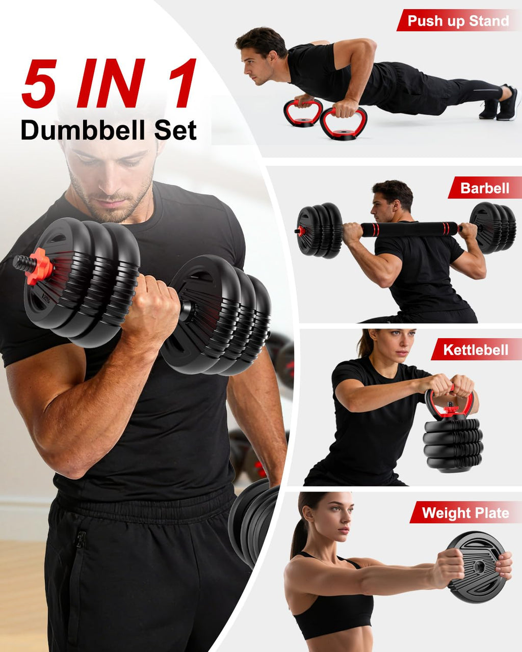 UNNMIIY Adjustable Dumbbells 20/30/45/70/90lbs 5-in-1 Multifunctional Free Weight Set with Barbell Kit