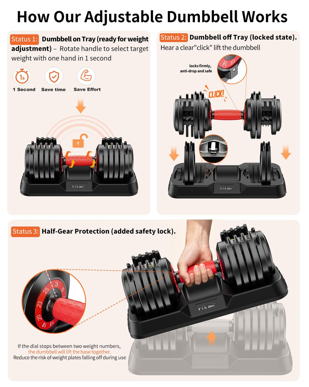 Fit Sir Adjustable Dumbbell Set 10-in-1 25LB Pair - Fast Adjust with Safety Lock & Storage Tray