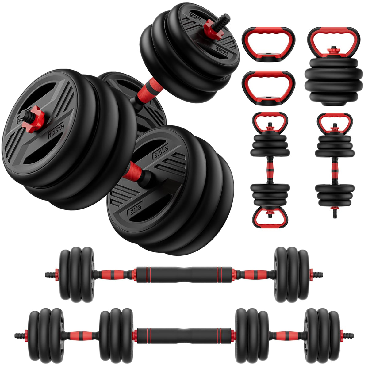 Cvonte Adjustable Dumbbell Set 45lbs - 5-in-1 Free Weight Set with Barbell, Kettlebells, Push-Up Stand & Double Lock