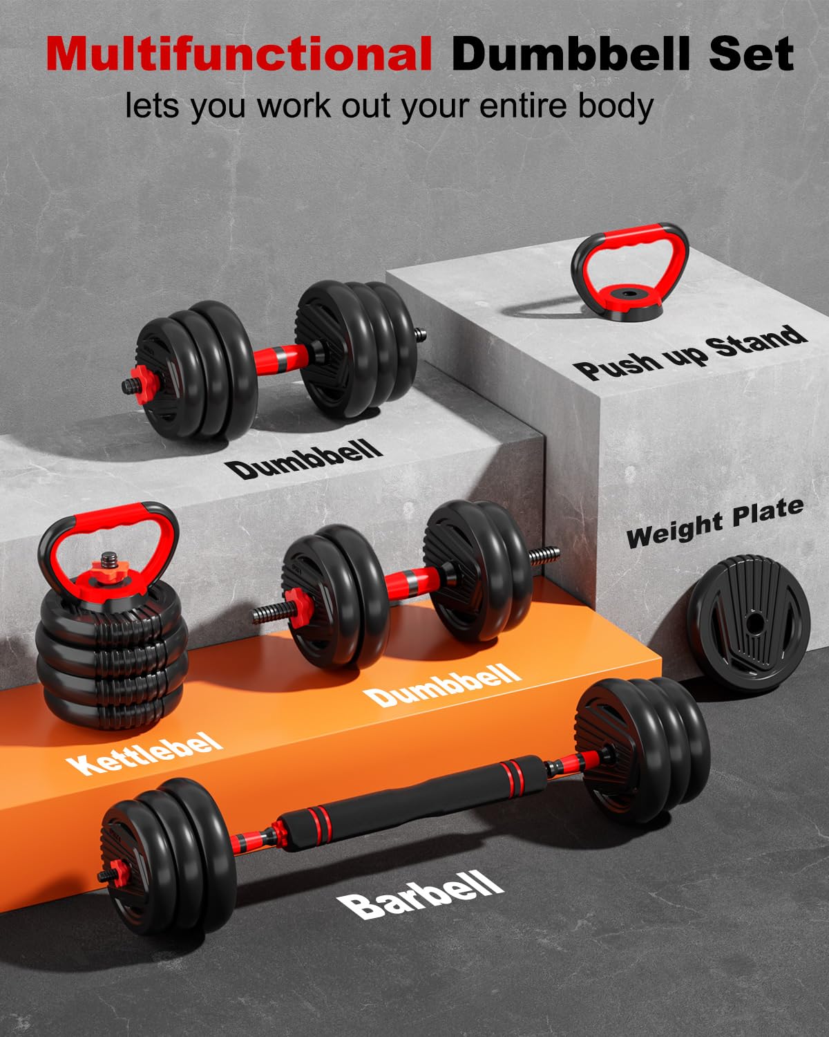 UNNMIIY Adjustable Dumbbells 20/30/45/70/90lbs 5-in-1 Multifunctional Free Weight Set with Barbell Kit