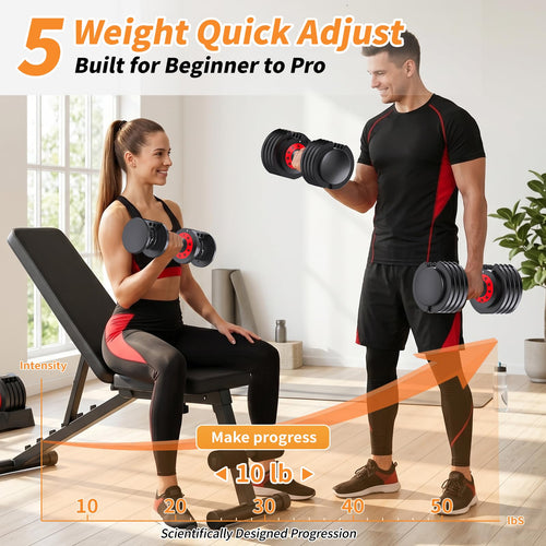 Adjustable Dumbbell Set 100LBS Total (2x50lbs) - 5-in-1 Quick Dial Weight Set with Storage Box & Anti-Slip Grip
