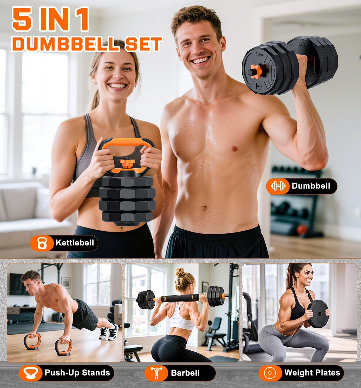 TYRSEN 5-in-1 Adjustable Dumbbells 88lbs - Barbell, Kettlebell, Push-Up Stand - Home Gym Weight Set