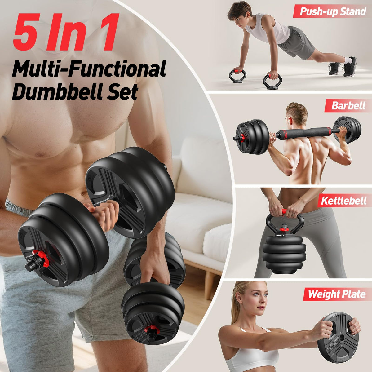 FITPLAM 70lbs Adjustable Dumbbell Set – 5-in-1 Home Gym with Dual-Lock Nuts, Barbell, Kettlebell, Push-Up Stand