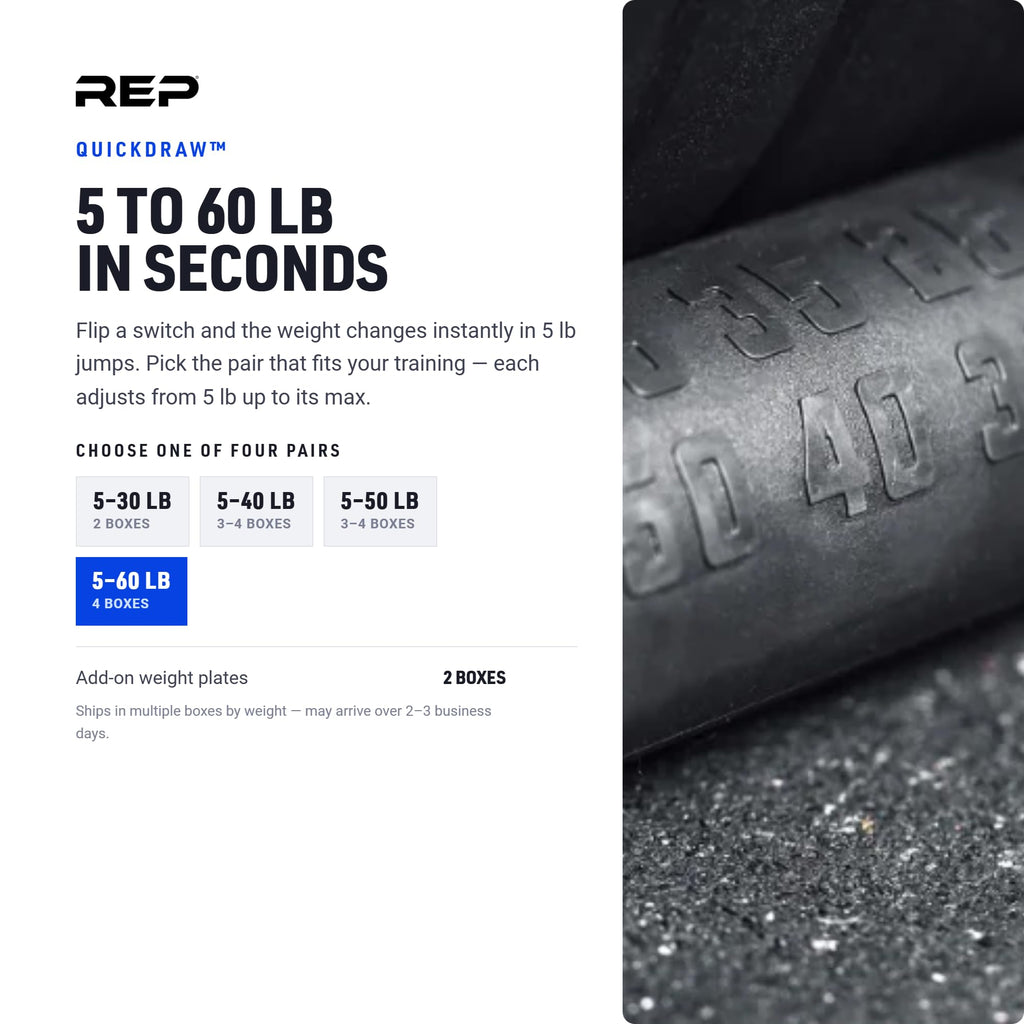 REP Fitness QuickDraw Adjustable Dumbbells - Steel Construction, 30-60 lb Range, Home Gym Set