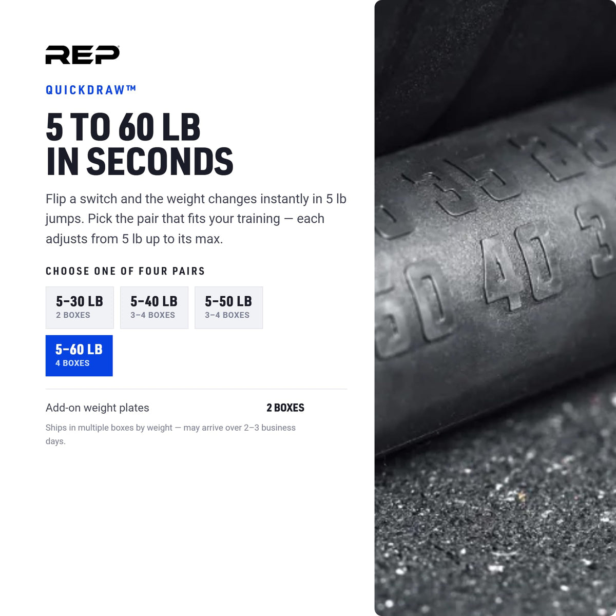 REP Fitness QuickDraw Adjustable Dumbbells - Steel Construction, 30-60 lb Range, Home Gym Set