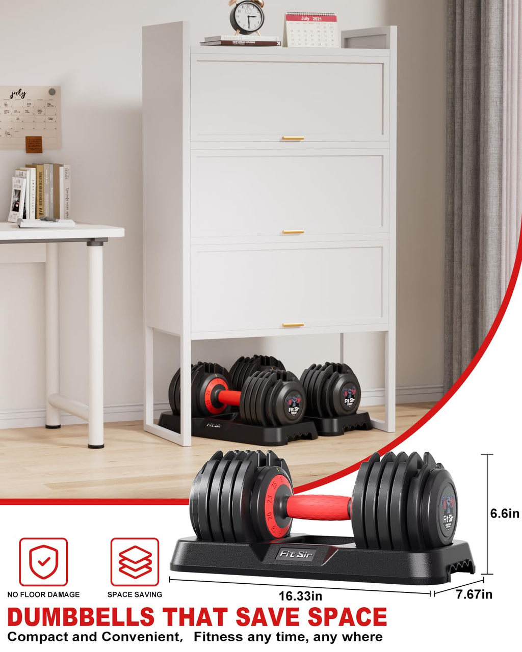Fit Sir Adjustable Dumbbell Set 10-in-1 25LB Pair - Fast Adjust with Safety Lock & Storage Tray