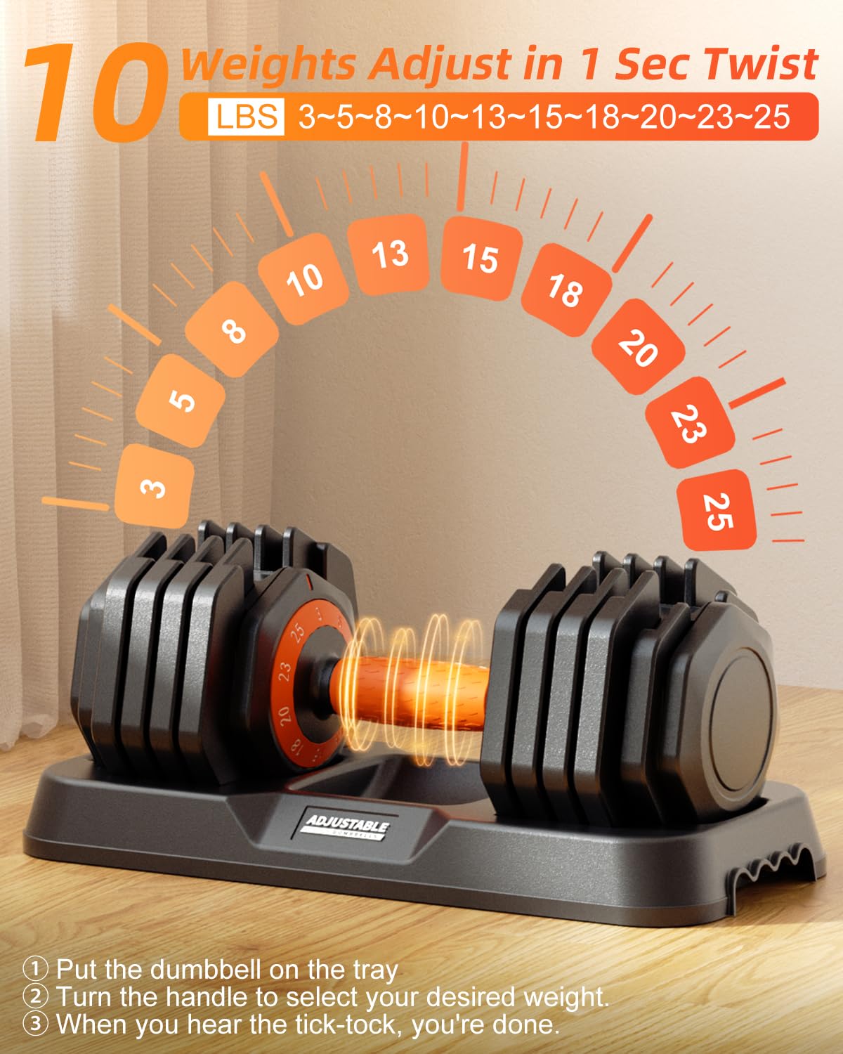 WLR Adjustable Dumbbells 25lb Set - 10-in-1 Quick-Dial Weight Set with Micro Increments from 3lb, Anti-Slip Grip & Tray