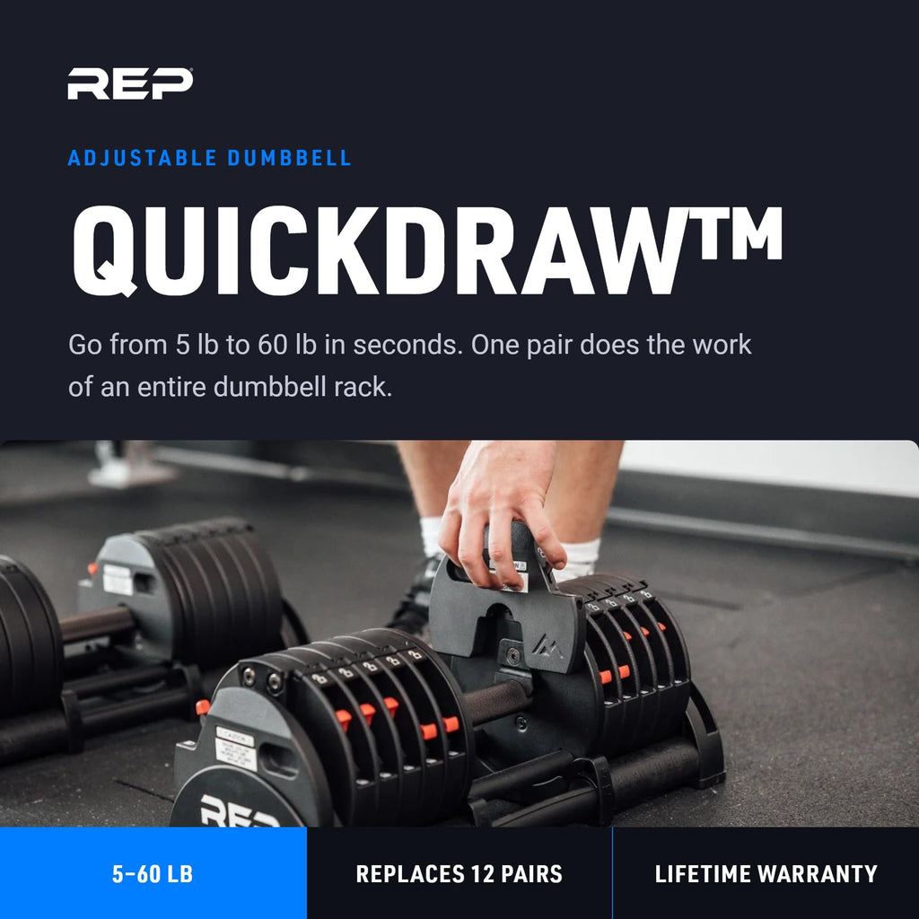 REP Fitness QuickDraw Adjustable Dumbbells - Steel Construction, 30-60 lb Range, Home Gym Set