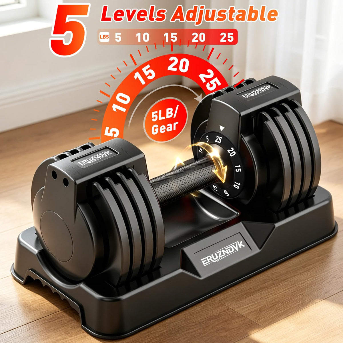 ERUZNDVK 25lb Adjustable Dumbbell Set - 5-in-1 Quick-Dial Free Weights with Non-Slip Handle & Storage Base, Pair