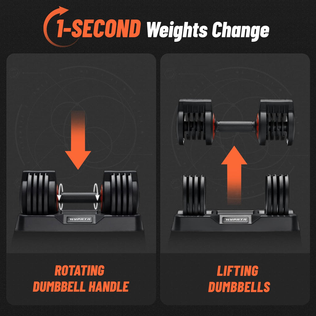 HYPATA 25 lbs Pair Adjustable Dumbbell Set with Tray - 5-in-1 Fast Weight Adjustment for Home Gym