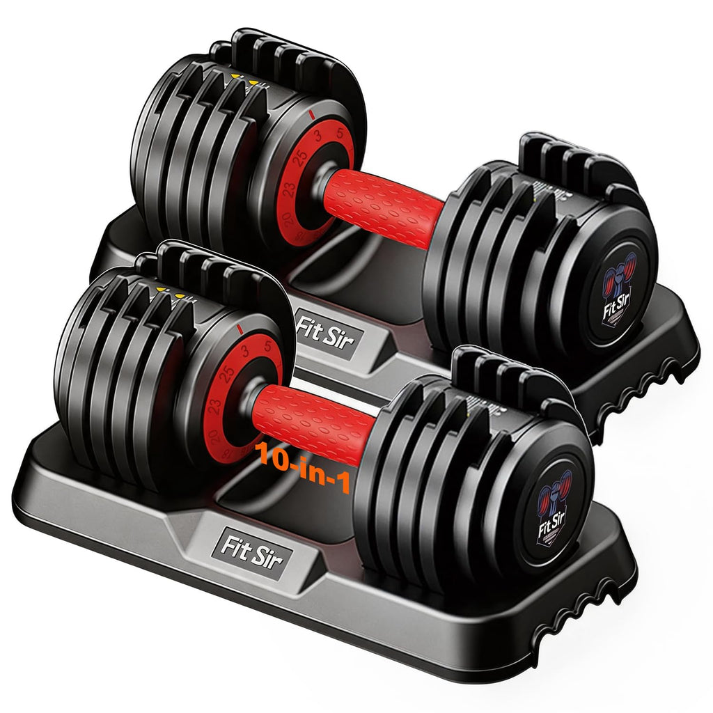 Fit Sir Adjustable Dumbbell Set 10-in-1 25LB Pair - Fast Adjust with Safety Lock & Storage Tray