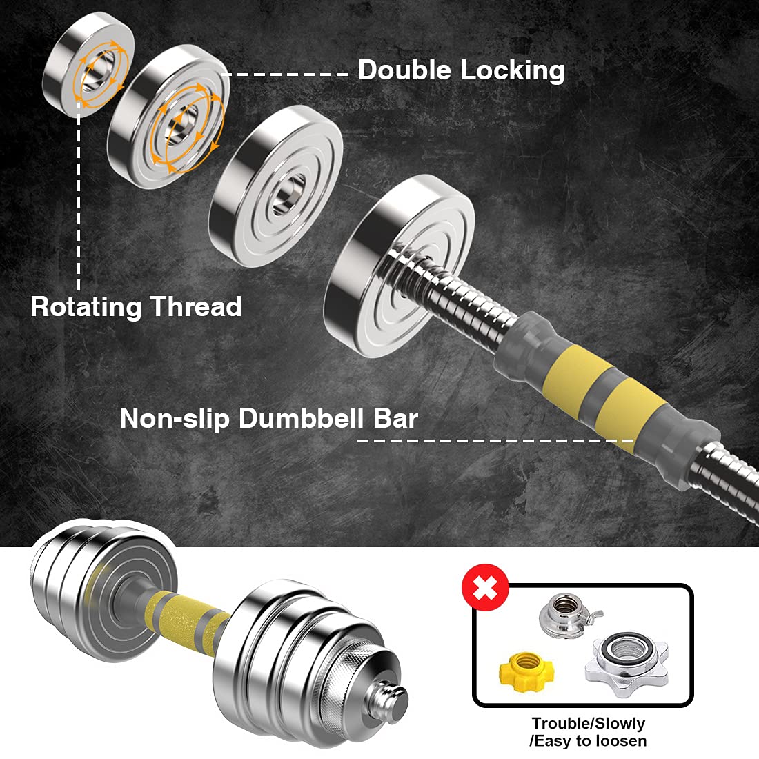 PHOEROS Adjustable Dumbbell Set 44/66/88 LBS - 3-in-1 Barbell & Dumbbells, Steel Weights for Home Gym