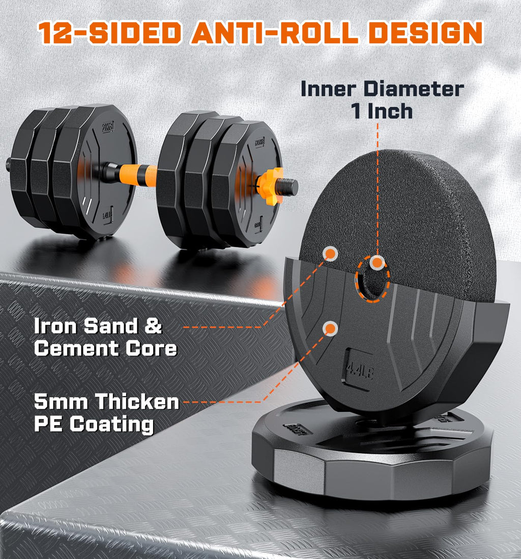 TYRSEN 5-in-1 Adjustable Dumbbells 88lbs - Barbell, Kettlebell, Push-Up Stand - Home Gym Weight Set