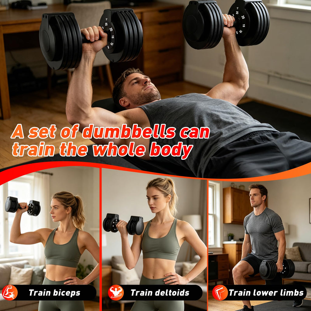 ERUZNDVK 25lb Adjustable Dumbbell Set - 5-in-1 Quick-Dial Free Weights with Non-Slip Handle & Storage Base, Pair