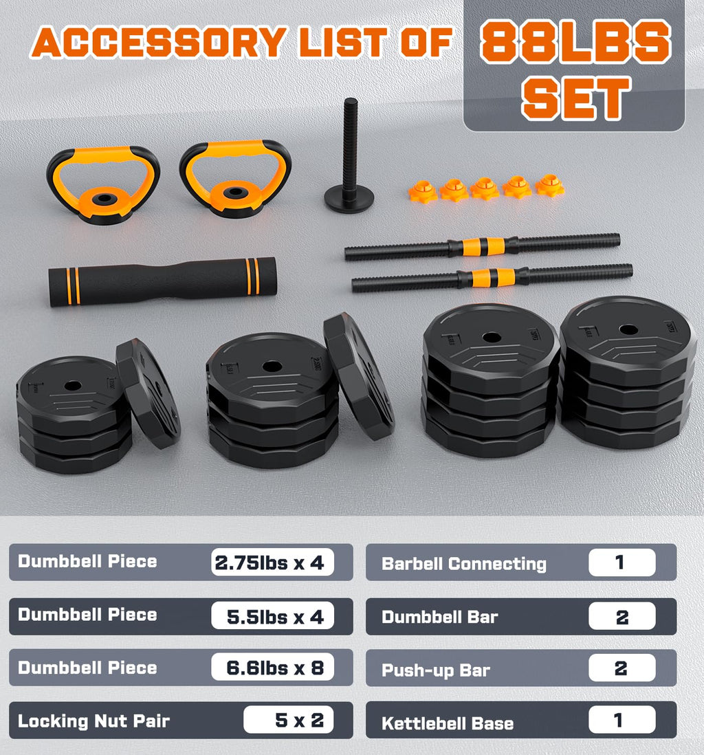 TYRSEN 5-in-1 Adjustable Dumbbells 88lbs - Barbell, Kettlebell, Push-Up Stand - Home Gym Weight Set