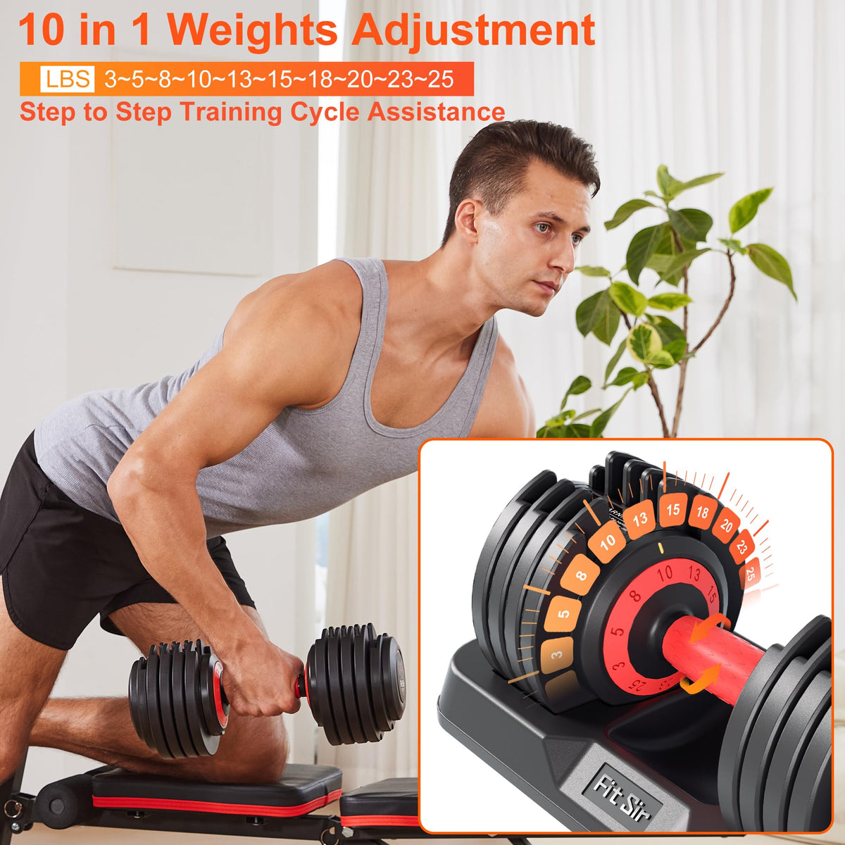 Fit Sir Adjustable Dumbbell Set 10-in-1 25LB Pair - Fast Adjust with Safety Lock & Storage Tray