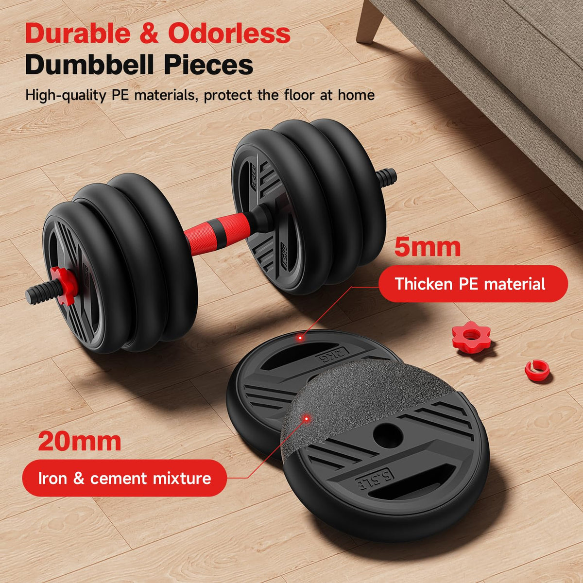 Cvonte Adjustable Dumbbell Set 45lbs - 5-in-1 Free Weight Set with Barbell, Kettlebells, Push-Up Stand & Double Lock