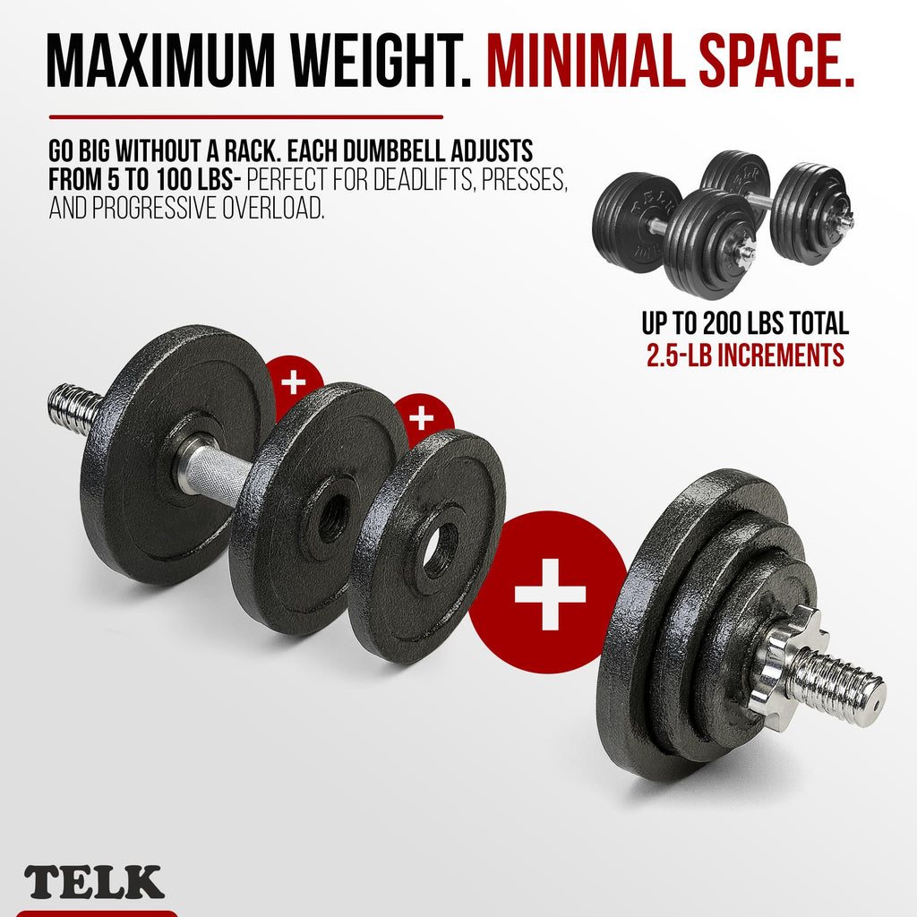 TELK Adjustable Dumbbell Set 200lb (100lb x 2) Cast Iron Home Gym Weight Set with Baked Enamel Plates