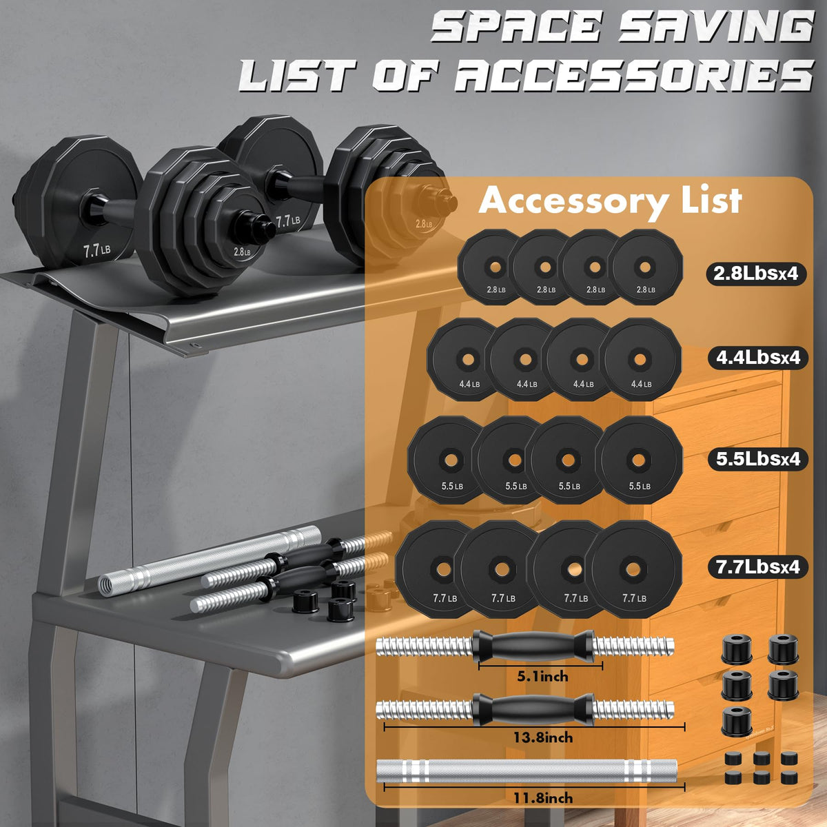 KISS GOLD Adjustable Dumbbells Set 22-88 lbs, Solid Steel Barbell Free Weight Set for Home Gym