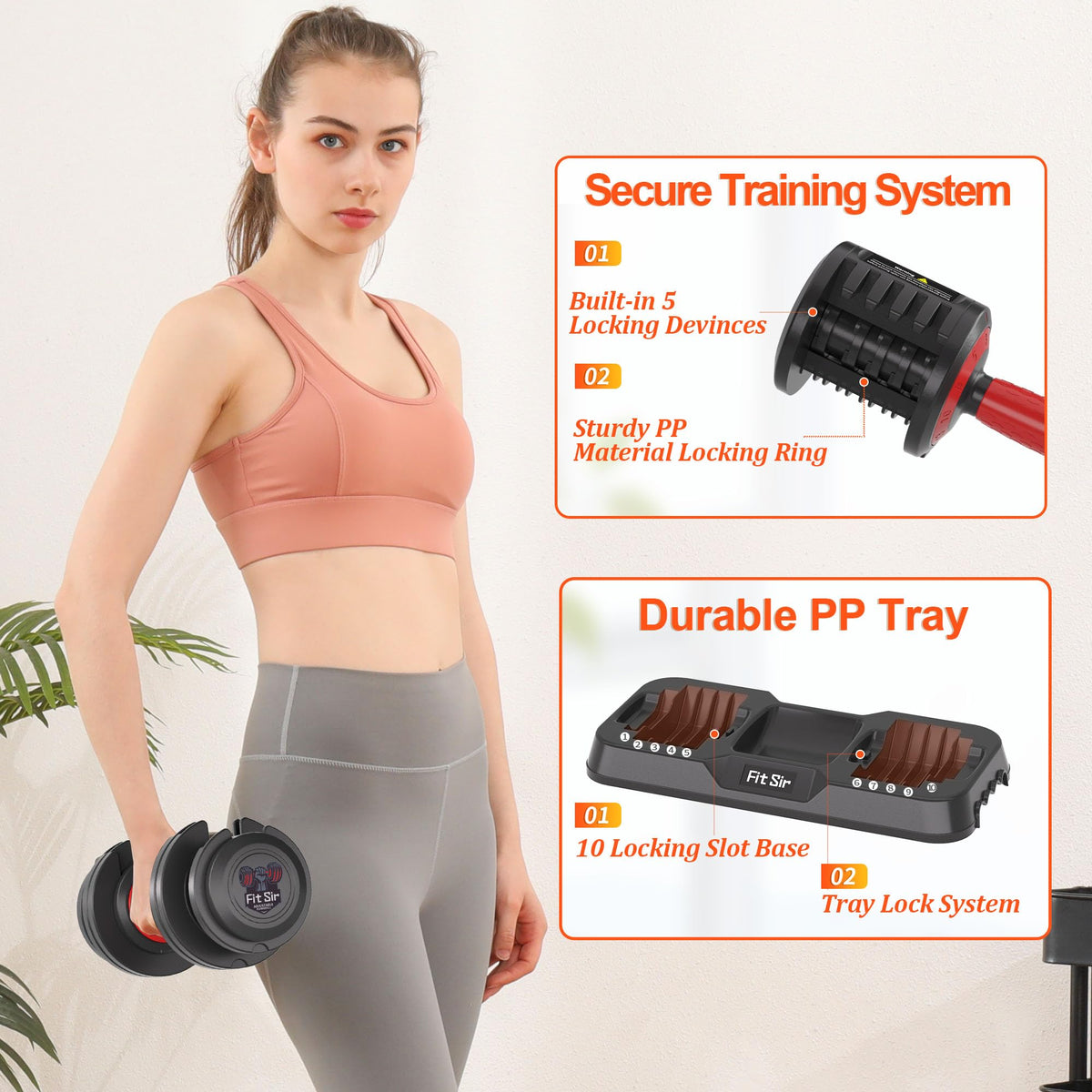 Fit Sir Adjustable Dumbbell Set 10-in-1 25LB Pair - Fast Adjust with Safety Lock & Storage Tray