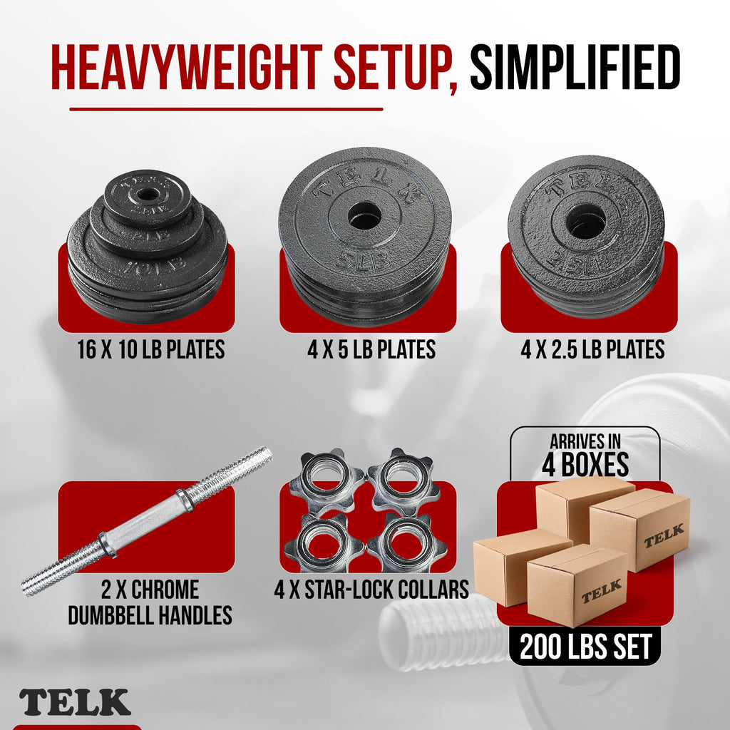 TELK Adjustable Dumbbell Set 200lb (100lb x 2) Cast Iron Home Gym Weight Set with Baked Enamel Plates