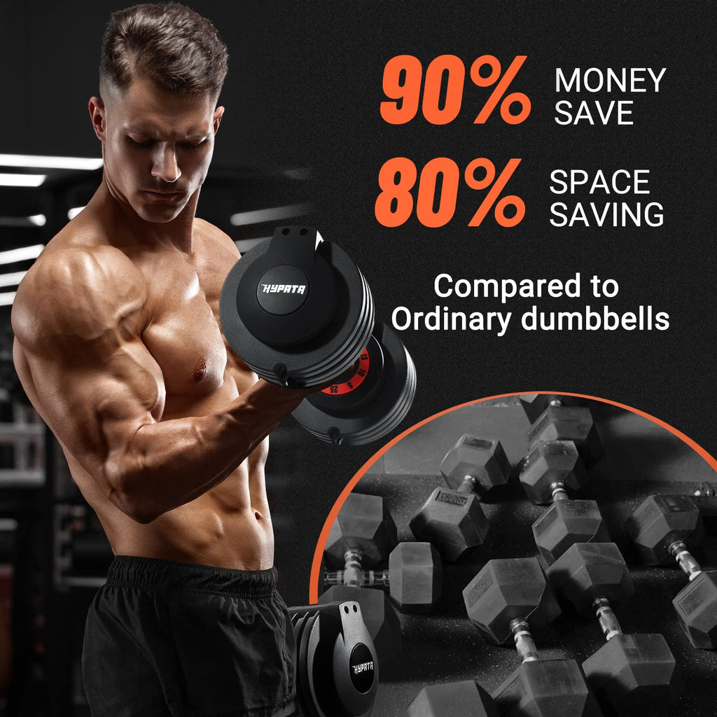 HYPATA 25 lbs Pair Adjustable Dumbbell Set with Tray - 5-in-1 Fast Weight Adjustment for Home Gym