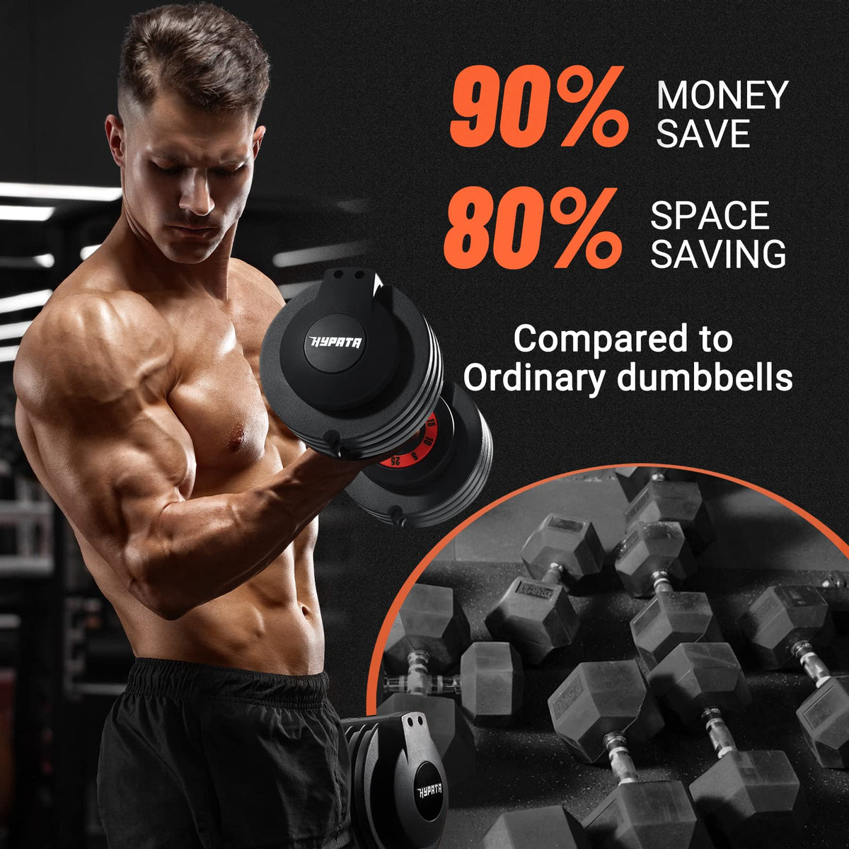 HYPATA 25 lbs Pair Adjustable Dumbbell Set with Tray - 5-in-1 Fast Weight Adjustment for Home Gym